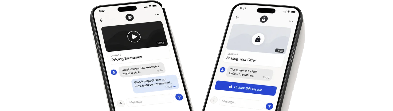 Two iPhones showing a PaidTier course delivered as a messenger chat — one lesson playing, one locked behind checkout