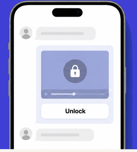 iPhone showing a locked video lesson in a messenger chat with an Unlock button